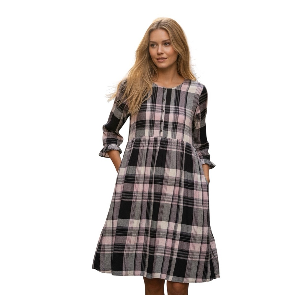 ORANGE CREEK | NEW Black and Lavender Plaid Henley Midi Prairie Dress size M